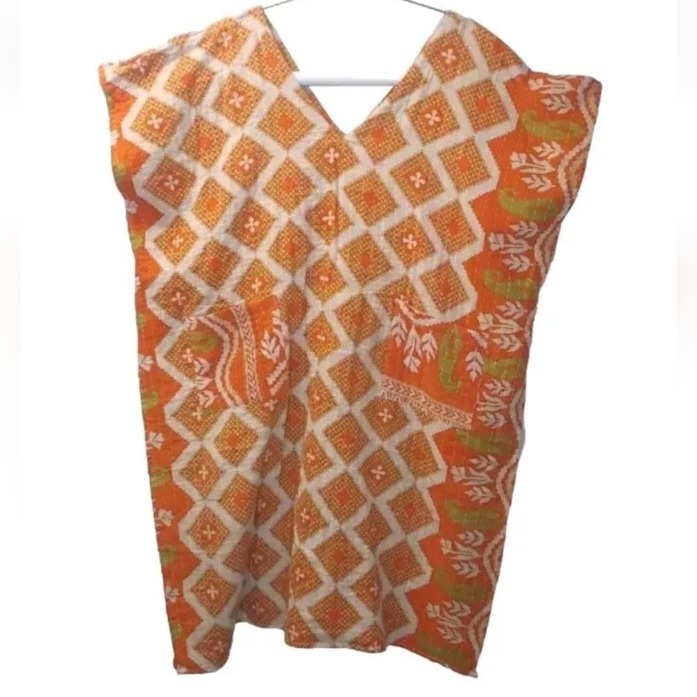 Kantha Patchwork Kimono Tunic Poncho Top Colorful Patch Pockets Woman One Sz #E